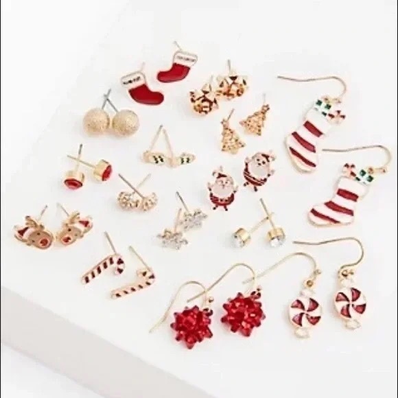 ❄️ Torrid | Gold-Tone Red & White Holiday Earrings Set - Set of 15 - Picture 3 of 8
